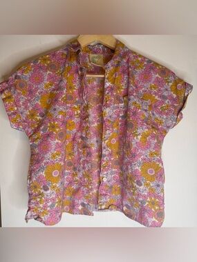 Retro Floral Button Up Shirt Pink Yellow Vintage Style Girls M 10/12
